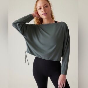 Athleta Cool Down Gray Green Wide Neck Dolman Sleeve Cinch Waist Top Sz XL